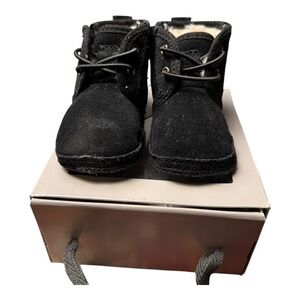 UGG Baby Neumel Black Suede Leather Shearling Lined Lace Up Boots Shoes SU